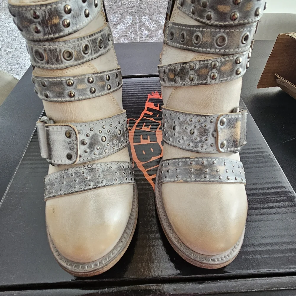 freebird Cream and Gray Studded Leather Ankle Booties - Picture 2 of 7